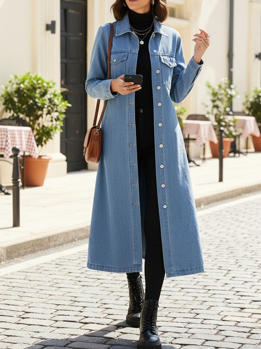CM-CT178953 Women Casual Seoul Style Lapel Neckline Long Sleeve Knee Extended Shirt Denim Jacket - Sky Blue