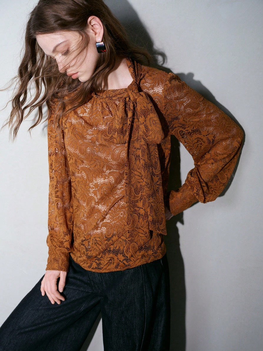CM-TS022052 Women Elegant Seoul Style Lace Tie Neck Stand Collar Long Sleeve Blouse - Khaki