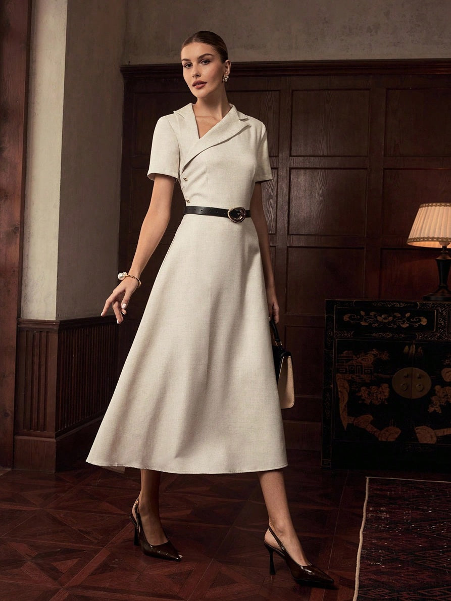 CM-DS559145 Women Elegant Seoul Style Asymmetrical Neck Short Sleeve High Waist Split Thigh Midi Dress - Apricot