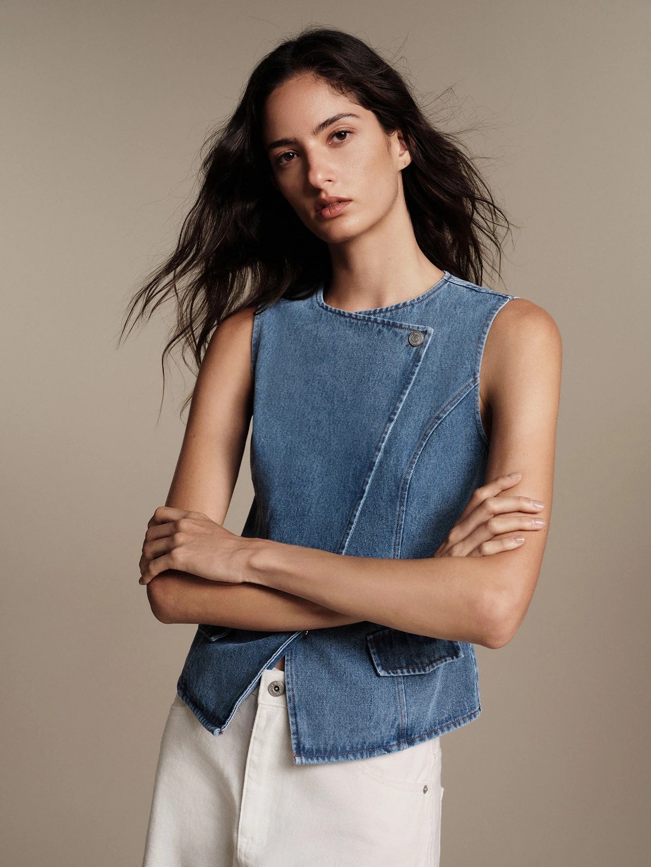CM-BS249192 Women Casual Seoul Style Round Neck Sleeveless Waist-Cinching Asymmetrical Denim Vest - Baby Blue