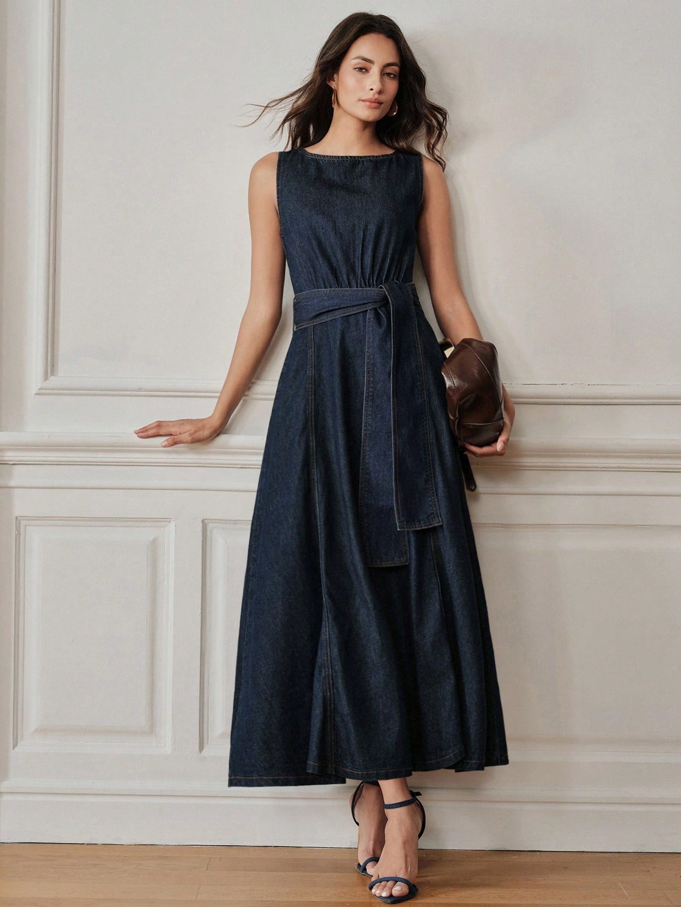 CM-DS406448 Women Elegant Seoul Style Round Neck Sleeveless Belted A-Line Denim Dress - Blue