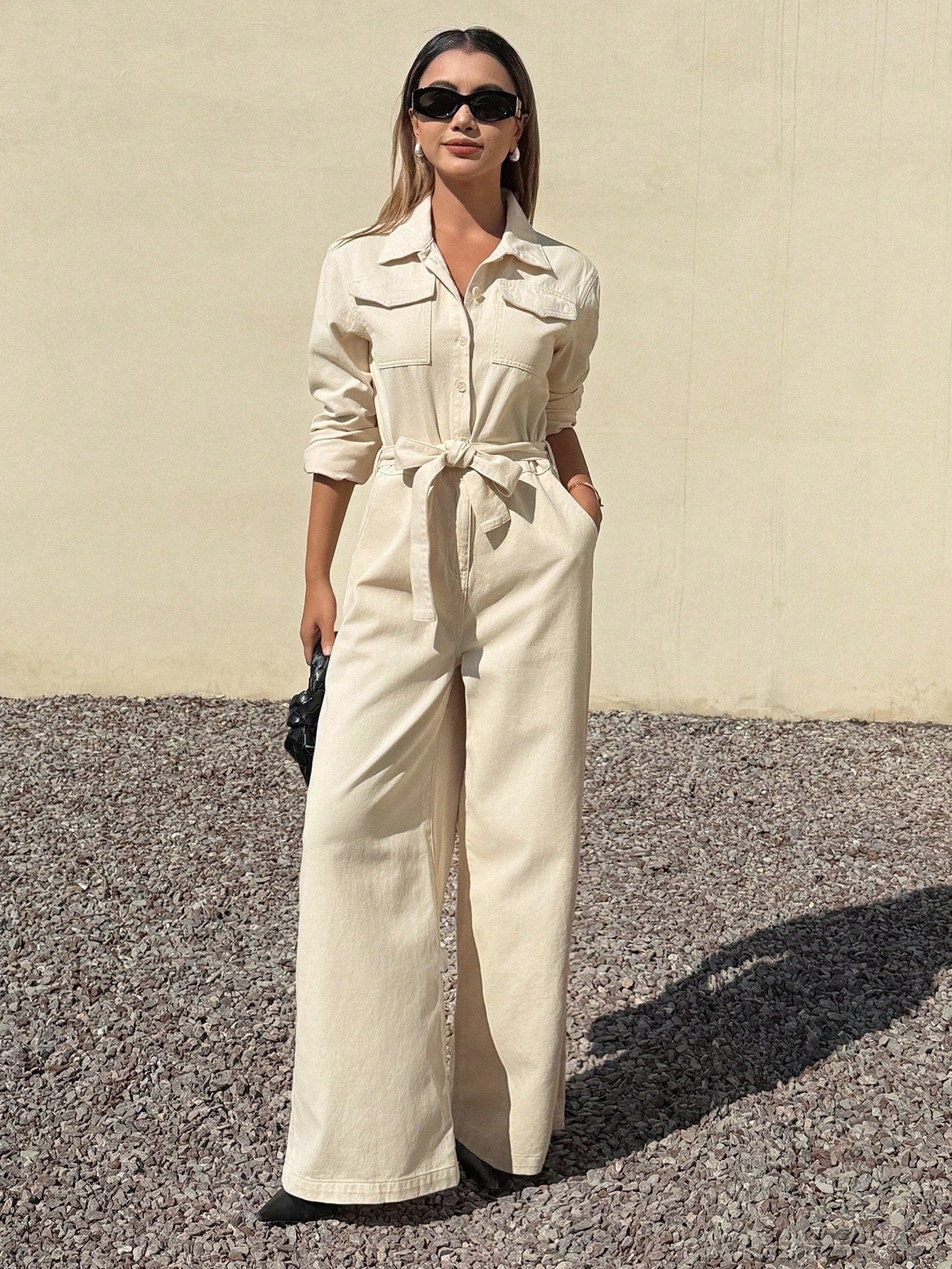 CM-JS831141 Women Casual Seoul Style Collared Pocket Long Sleeve Cinched Waist Denim Jumpsuit - Beige