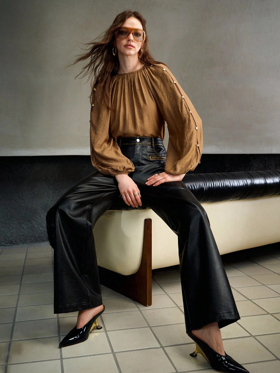 CM-TS875318 Women Elegant Seoul Style Round Neck Bishop Sleeve Linen Blend Metal Button Decor Oversized Top - Khaki