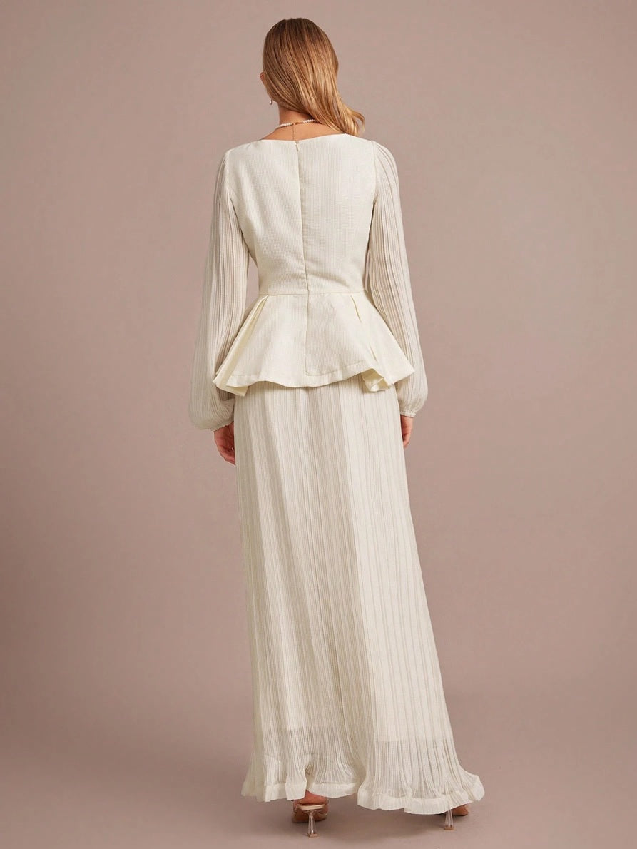 CM-SS032569 Women Elegant Seoul Style Square Neck Bow Decor Lantern Sleeve Ruffle Hem Top With Long Pleated Skirt - Set