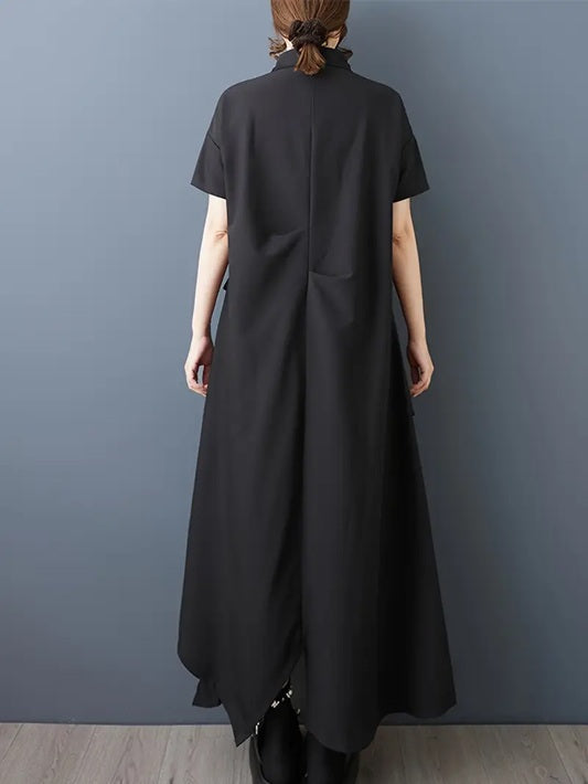 CM-DT849368 Women Elegant Seoul Style Collar Neckline Short Sleeve Asymmetricla Maxi Dress - Black