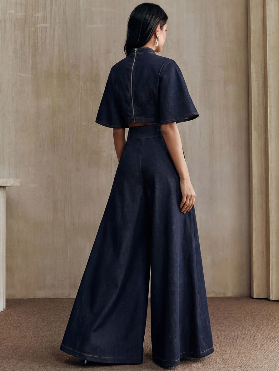 CM-SS444648 Women Elegant Seoul Style Short Sleeve Cape Colorblock Embroidered Top With High-Waist Wide-Leg Trousers - Set