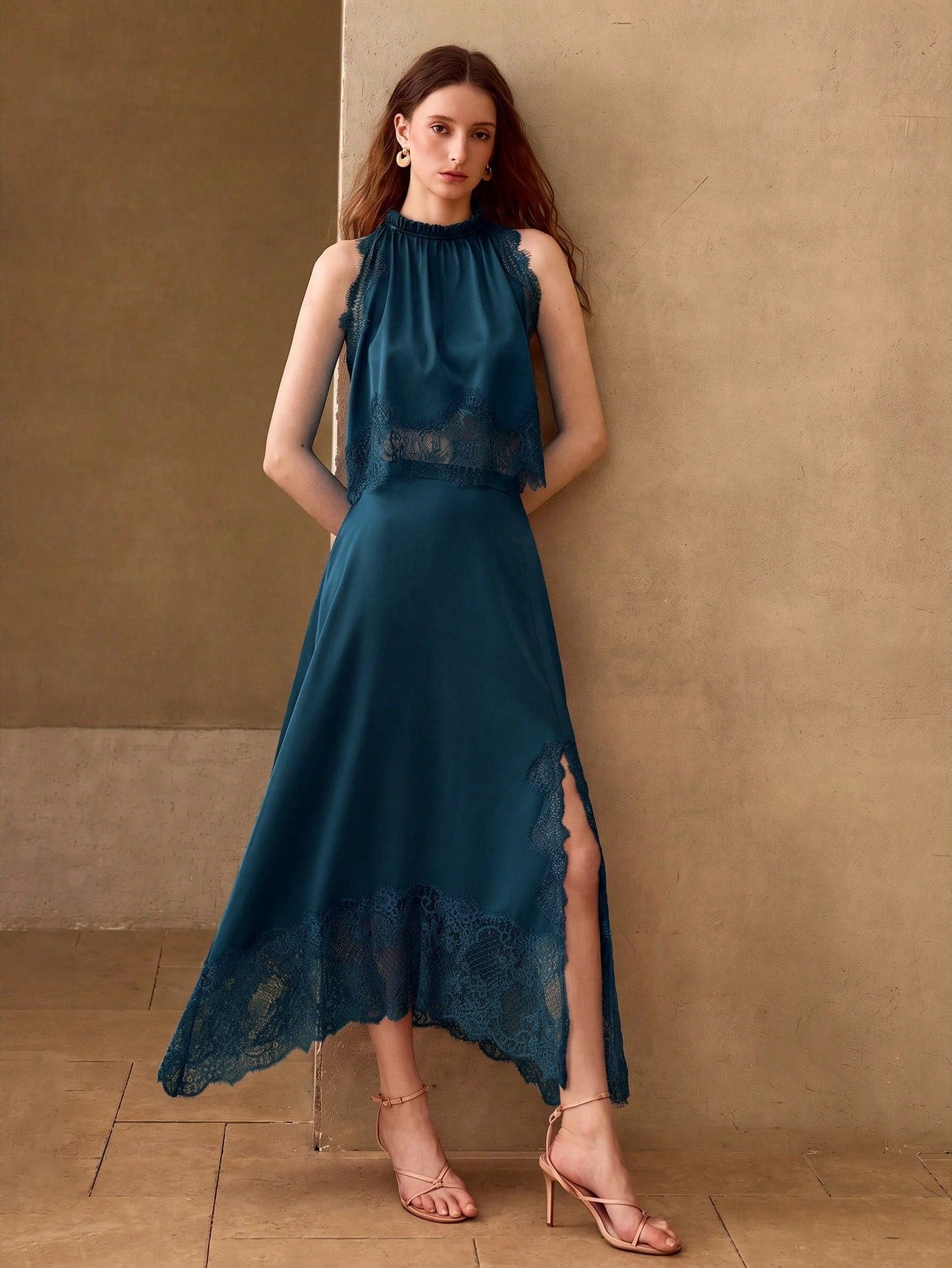 CM-SS361147 Women Elegant Seoul Style Lace Patchwork Cloak Sleeve Tank Top With Maxi Skirt - Set