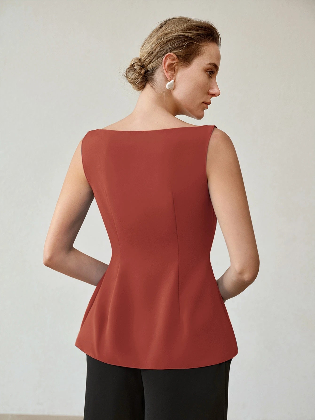 CM-TS246712 Women Elegant Seoul Style Side Knot Boat Neck Sleeveless Blouse - Burnt Orange