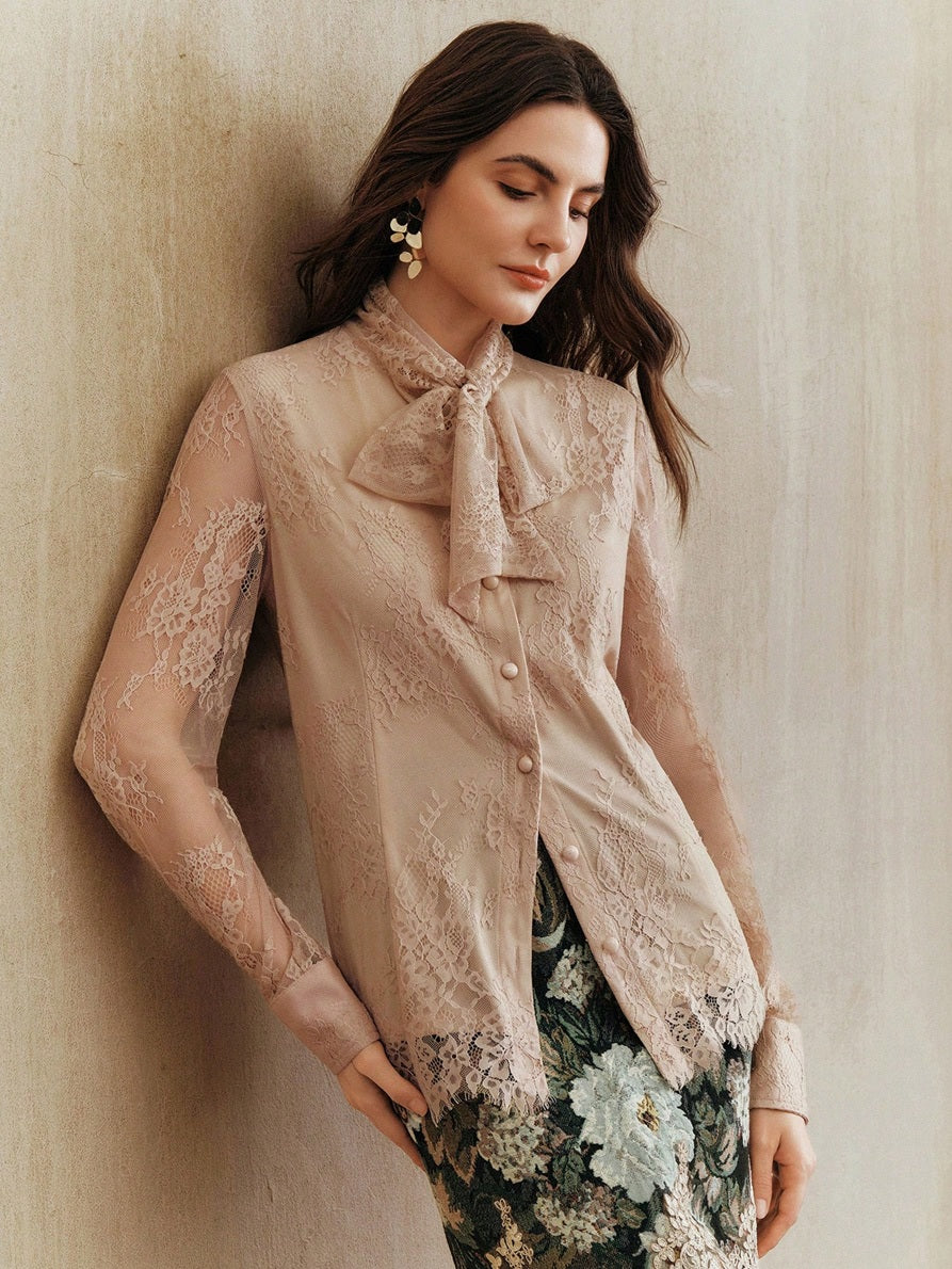CM-SS078354 Women Elegant Seoul Style Tie Neck Lace Long Sleeve Top With Mini Skirt - Set