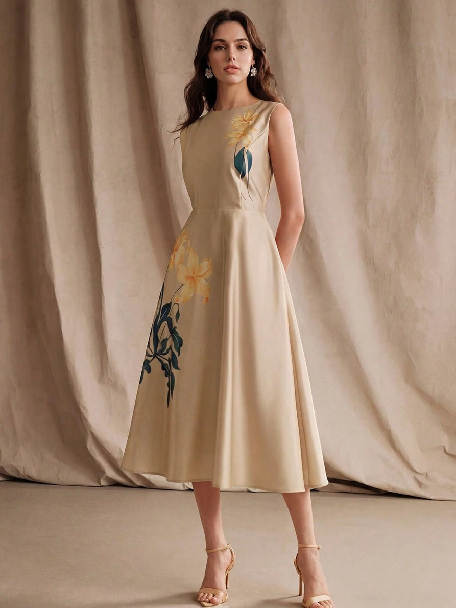 CM-DS128881 Women Elegant Seoul Style Round Neck Sleeveless Waist Cinched Floral Print A-Line Dress - Apricot