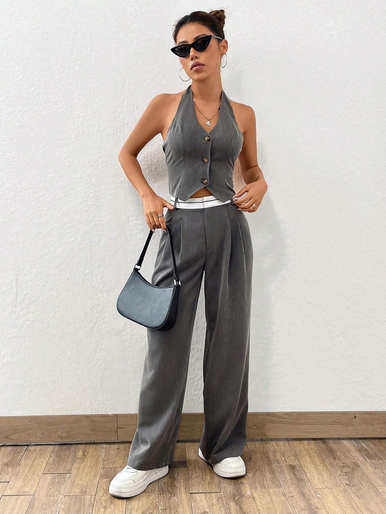 CM-SS333434 Women Casual Seoul Style Button Front Halter Top With Wide Leg Pants - Set