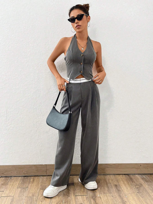 CM-SS333434 Women Casual Seoul Style Button Front Halter Top With Wide Leg Pants - Set