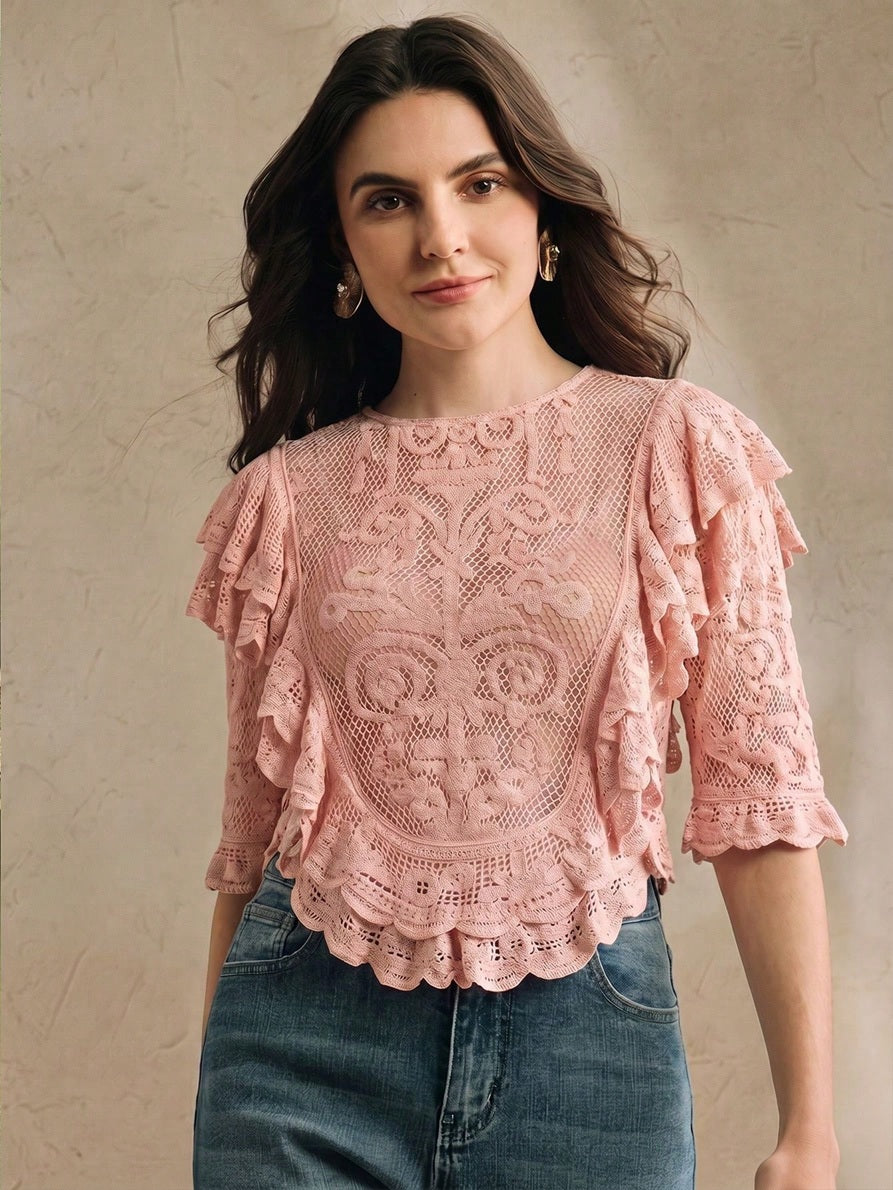CM-TS576844 Women Elegant Seoul Style Cropped Half Sleeve Multi-Layer Ruffle Mesh Crochet Top - Pink