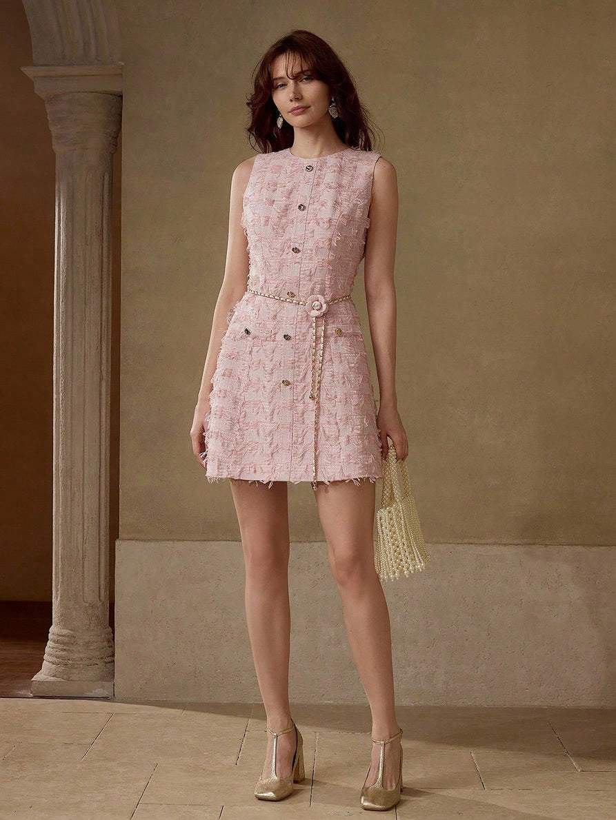 CM-DS077193 Women Elegant Seoul Style Round Neck Sleeveless Tweed Button Up Short Dress - Pink
