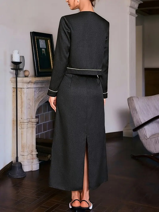 CM-ST021830 Women Elegant Seoul Style Color-Block Crew Neck Long Sleeve Top With Midi Skirt - Set