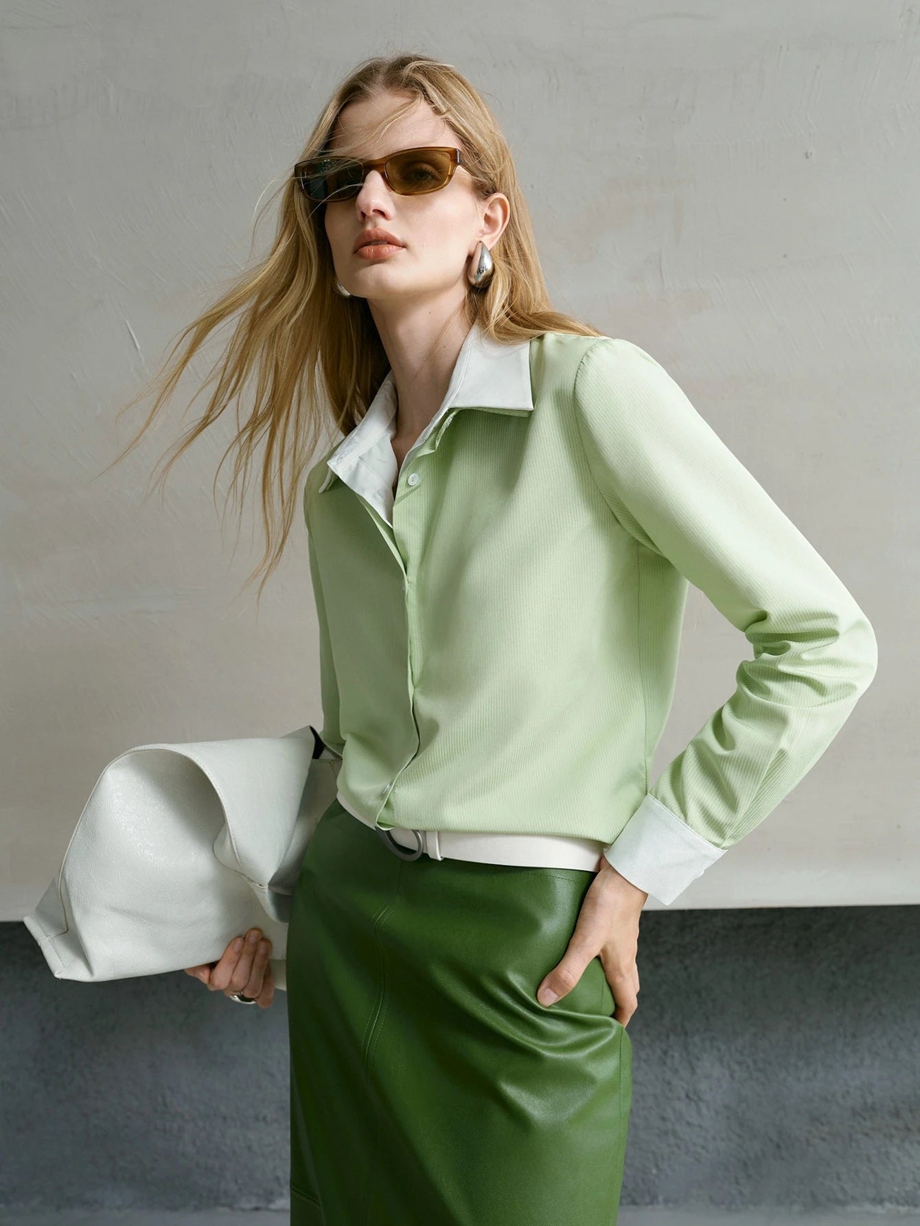 CM-TS303695 Women Elegant Seoul Style Colorblock Shirt Collar Long Sleeve Loose Top - Green