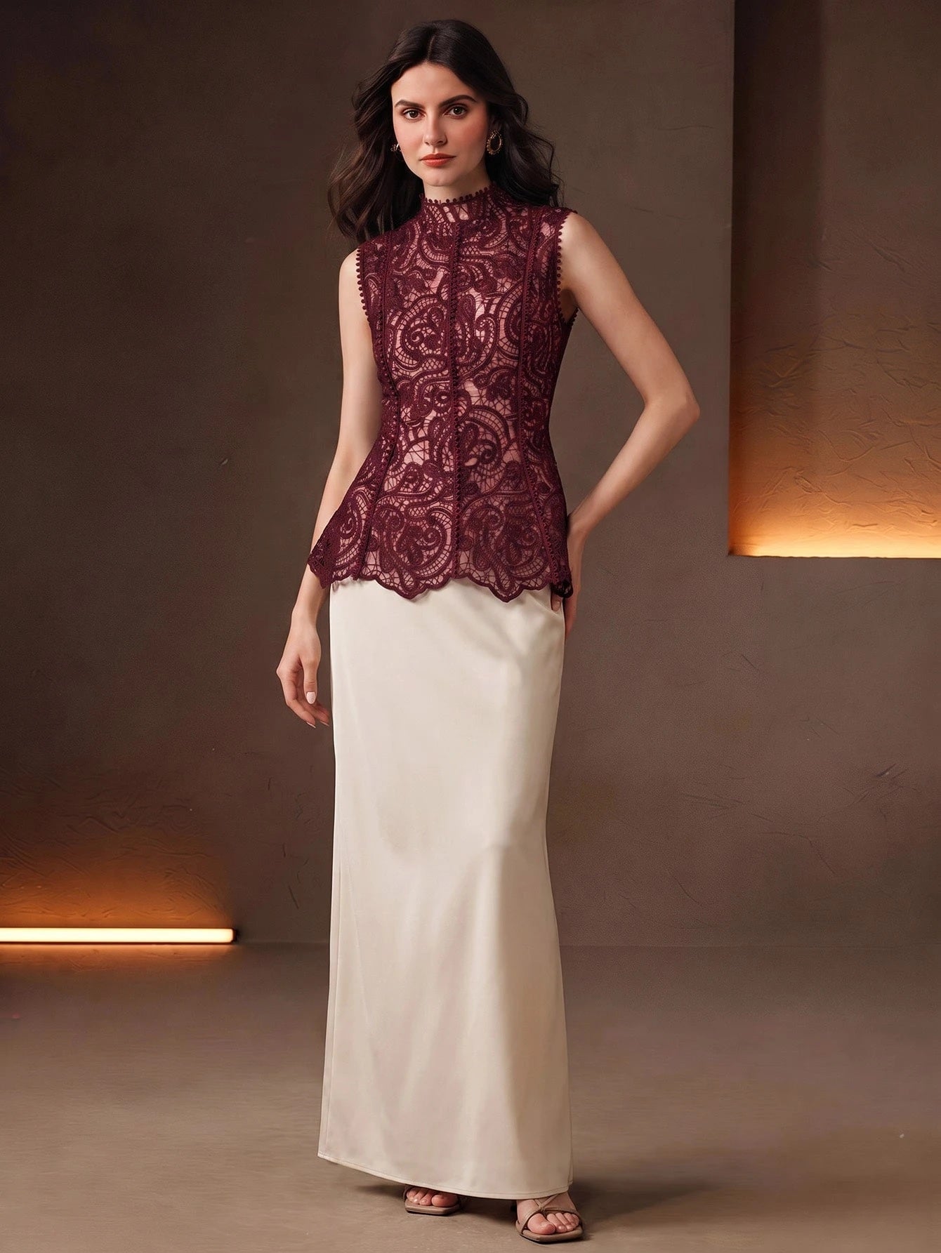 CM-TS786037 Women Elegant Seoul Style Stand Collar Sleeveless Lace Hollow Patchwork Ruffle Waist Cinched Tank Top - Burgundy