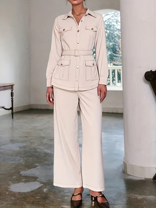 CM-ST801370 Women Elegant Seoul Style Solid Color Pleated Pocket Decor Long Sleeve Top With Pants - Set