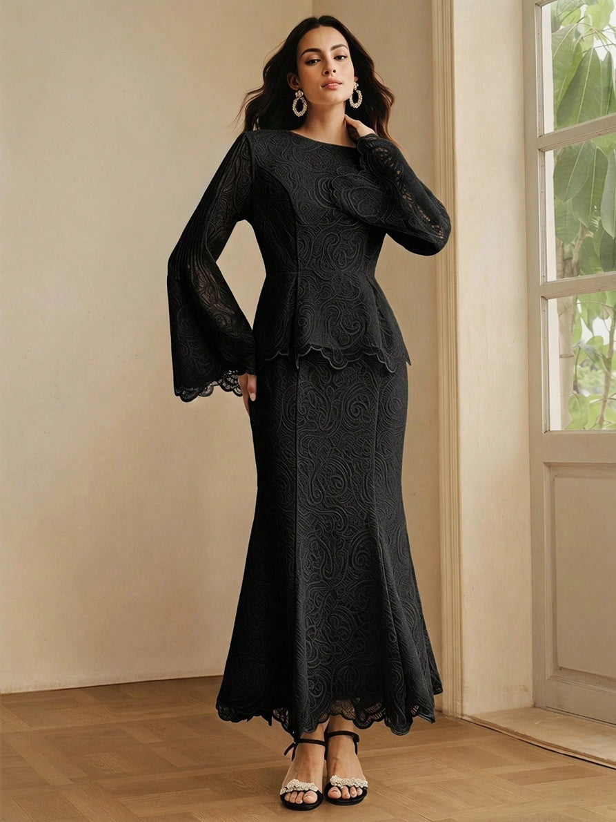 CM-TS175417 Women Elegant Seoul Style Round Neck Lace Bell Extra Long Sleeve Top - Black
