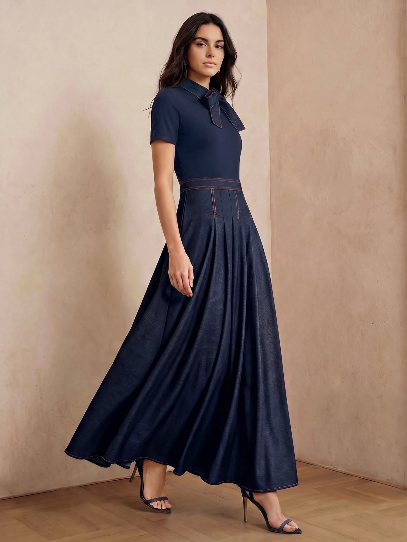 CM-DS813632 Women Elegant Seoul Style Tie Neck Short Sleeve Splice Collar Bow Decor Denim Dress - Navy Blue