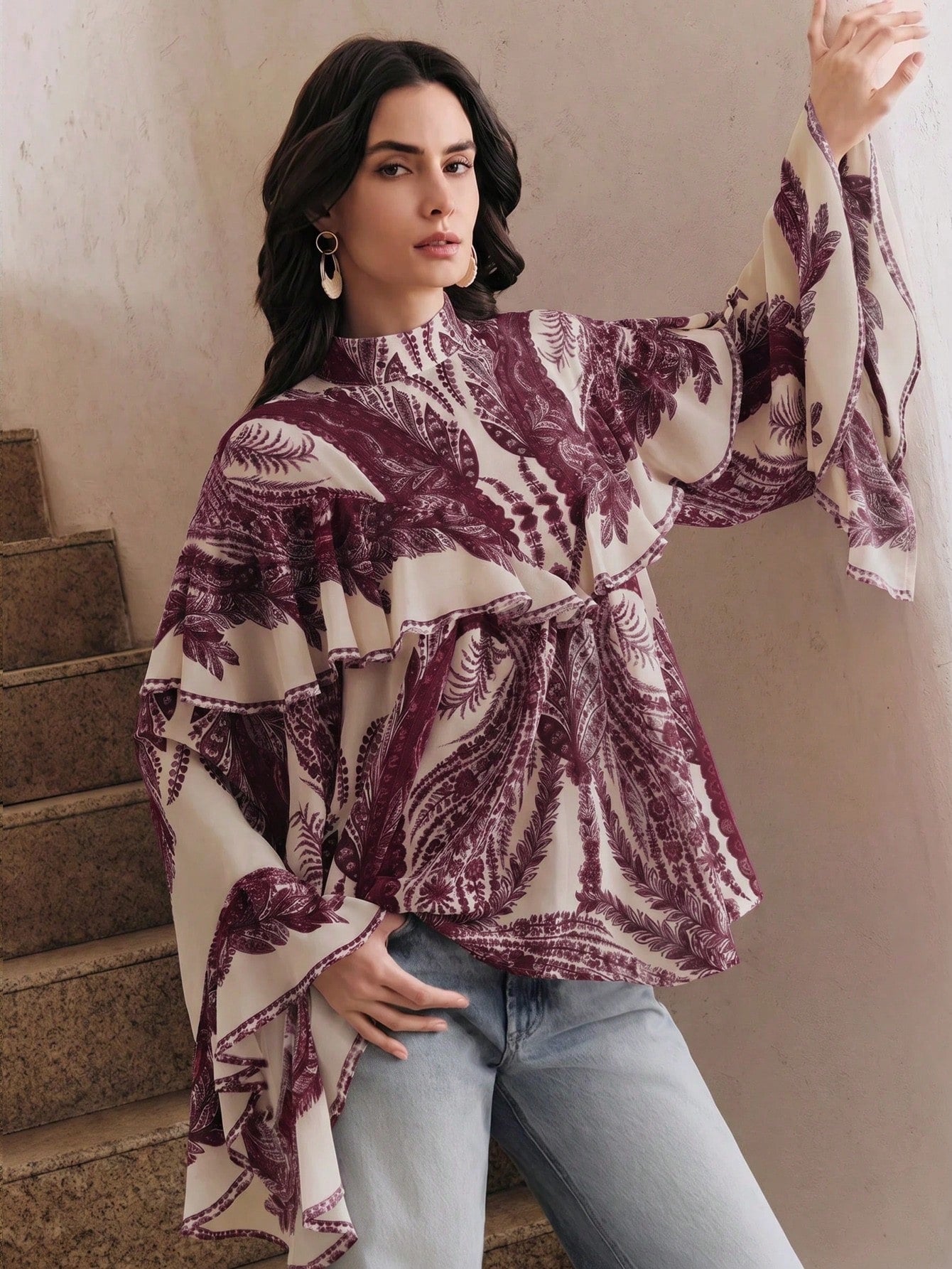 CM-TS762702 Women Trendy Bohemian Style Mock Necl Long Sleeve Plants Print Loose Blouse - Purple