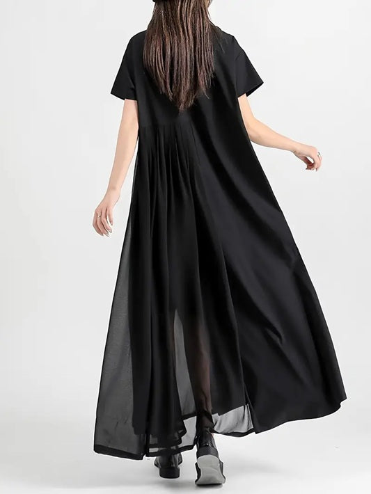 CM-DT451050 Women Elegant Seoul Style Collar Neckline Short Sleeve A-Line Midi Dress - Black