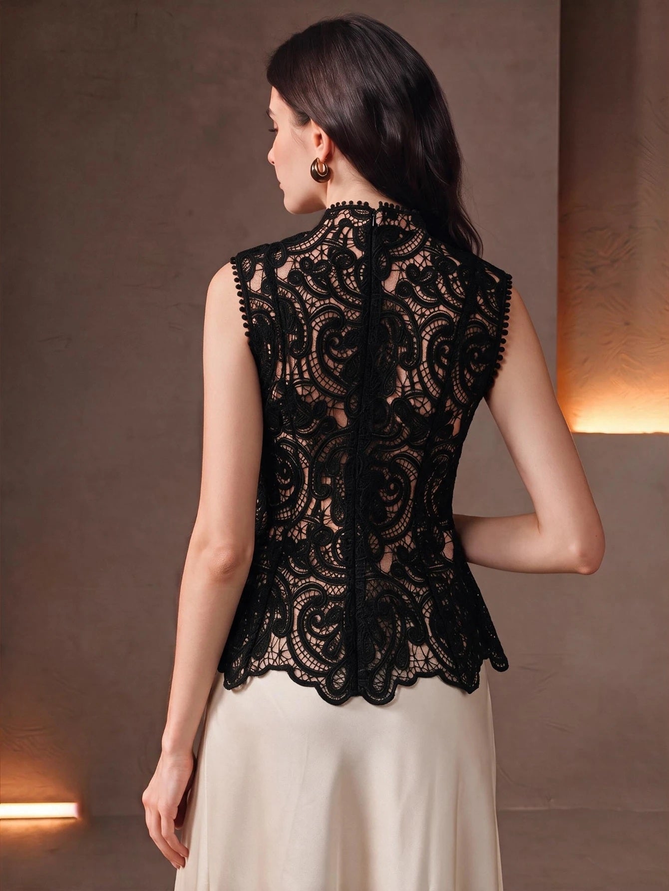 CM-TS219266 Women Elegant Seoul Style Stand Collar Sleeveless Lace Hollow Patchwork Ruffle Waist Cinched Tank Top - Black