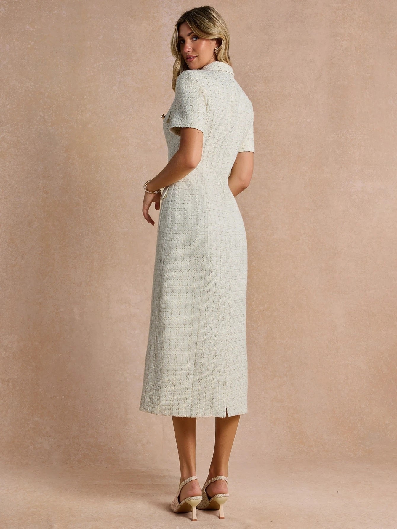 CM-DS977443 Women Elegant Seoul Style Collar Neckline Short Sleeve High Waist Sequin Tweed Midi Dress
