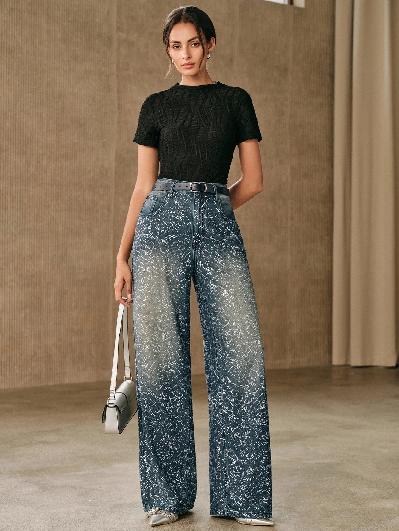 CM-BS596947 Women Elegant Seoul Style Mid Waist Embellished Floral Rhinestone Straight Leg Jeans - Blue