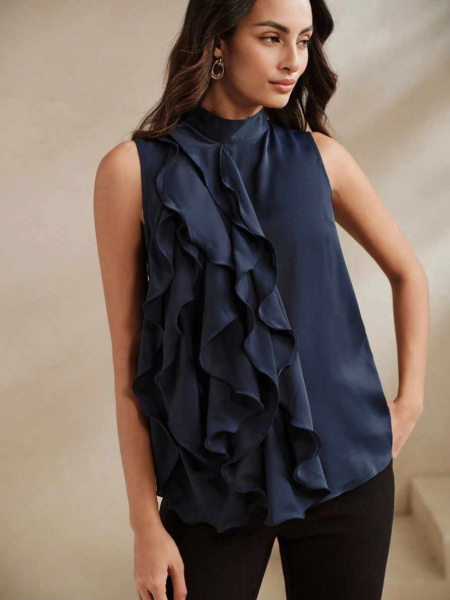 CM-TS898028 Women Elegant Seoul Style High Neck Sleeveless Multi-Layer Ruffle Asymmetric Tank Top - Navy Blue