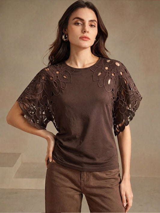 CM-TS611837 Women Casual Seoul Style Round Neck Batwing Sleeve Cut-Out T-Shirt - Brown