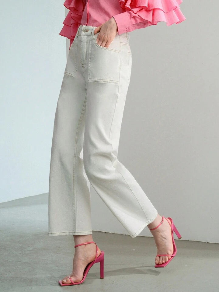 CM-BS422910 Women Casual Seoul Style Solid Slant Pocket Straight Leg Jeans - White