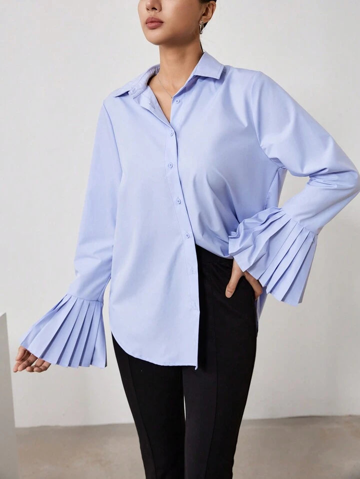 CM-TS093158 Women Casual Seoul Style Collar Neckline Asymmetrical Ruffled Cuffs Shirt - Blue