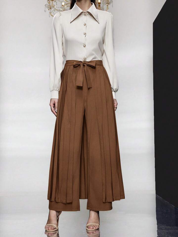 CM-BS787347 Women Casual Seoul Style Belted Pleated Wide Leg Pants - Brown