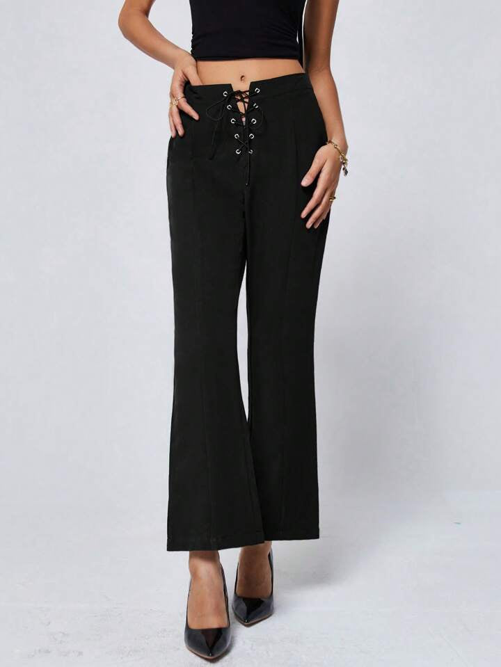 CM-BS714406 Women Casual Seoul Style Waist-Tied Straight Leg Long Pants - Black