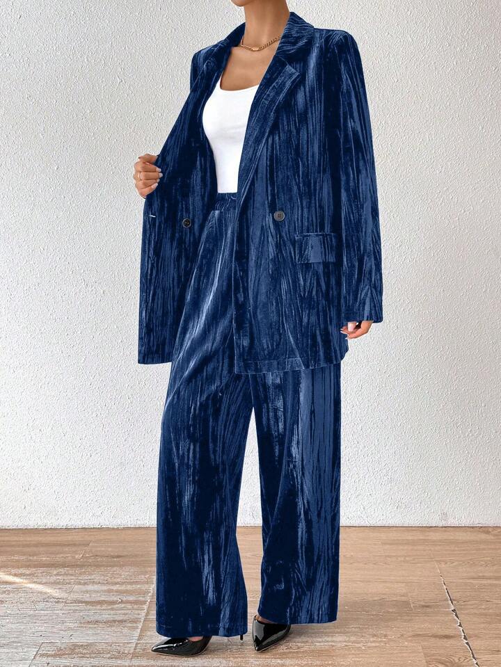 CM-SS621602 Women Elegant Seoul Style Stand Collar Long Sleeve Velvet Jacket With Straight Leg Pants Suit - Dusty Blue
