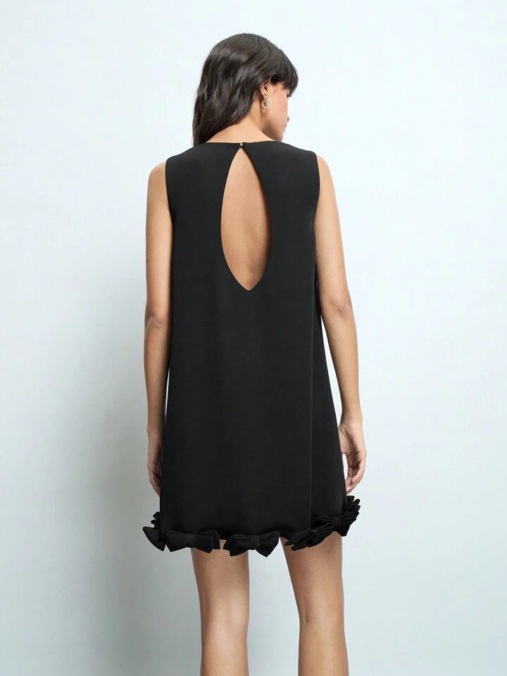 CM-DS332289 Women Elegant Seoul Style Round Neck Bow Decor Sleeveless Mini Dress - Black