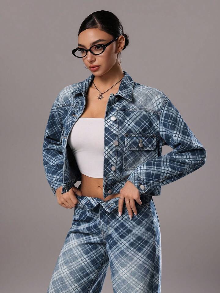CM-CS876969 Women Casual Seoul Style Medium Wash Diamond Plaid Button-Up Denim Jacket