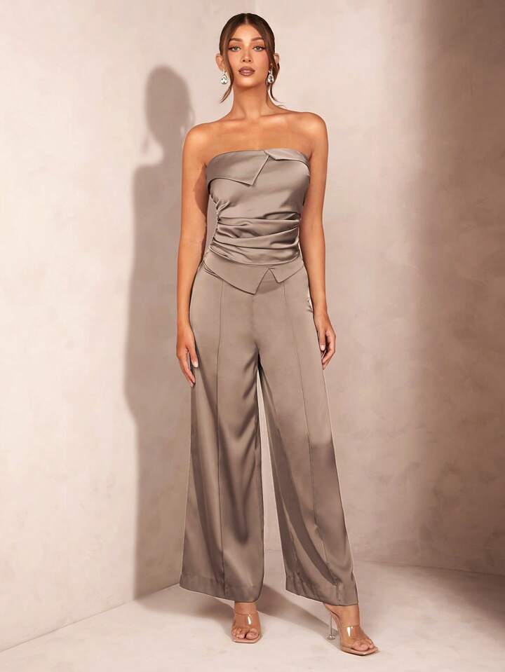 CM-BS689339 Women Elegant Seoul Style Flip-Up Satin Wide-Leg Straight Trousers - Dark Gray