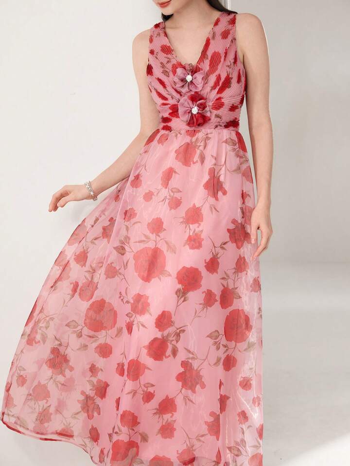 CM-DS549425 Women Elegant Seoul Style V-Neck Sleeveless Floral Print Semi-Sheer Mesh Long Dress