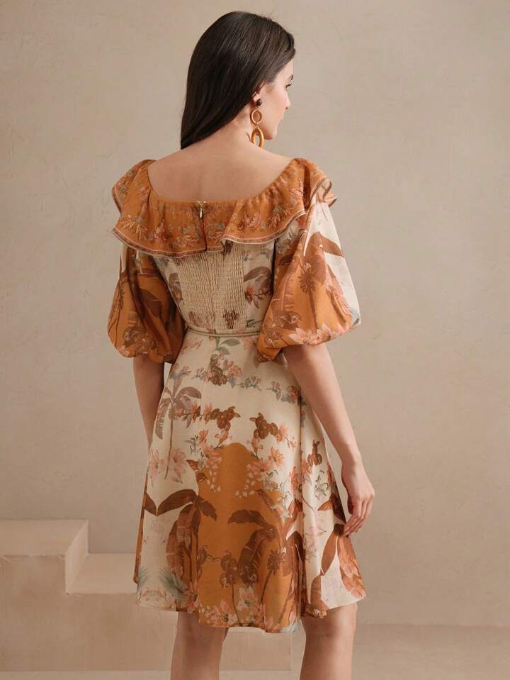 CM-DS328234 Women Trendy Bohemian Style Off Shoulder 3/4 Puff Sleeve High Waist Short Dress