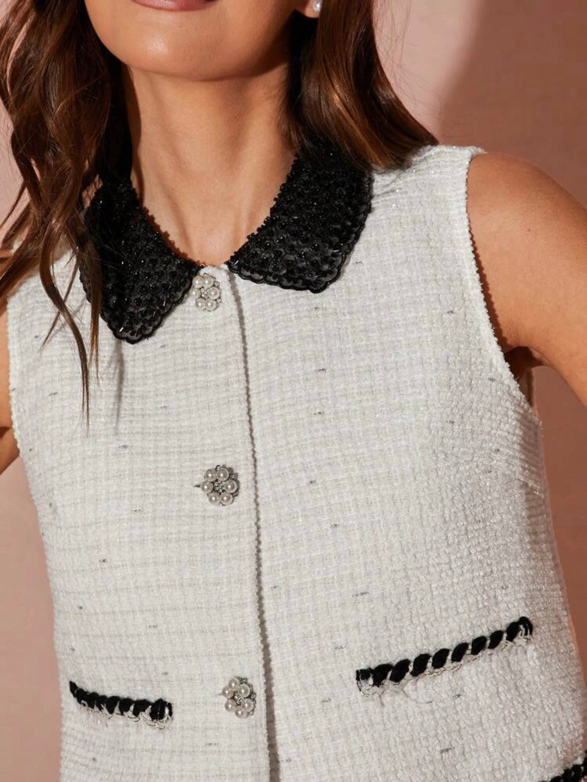 CM-SS188131 Women Elegant Seoul Style Contrast Color Pearl Button Decor Sleeveless Vest With Tweed Skirt - Set