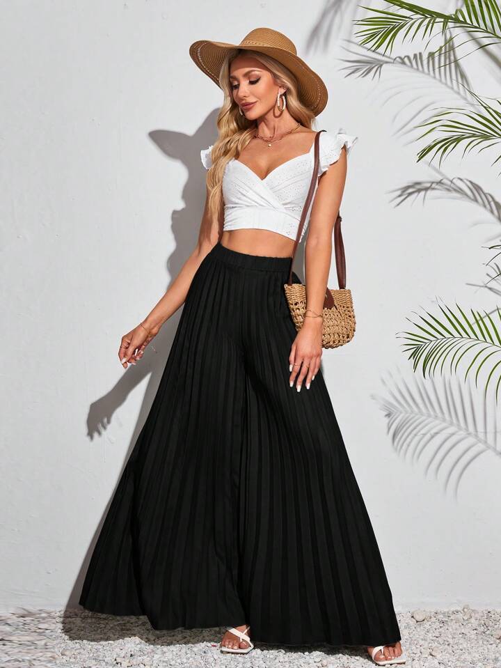 CM-BS115564 Women Trendy Bohemian Style Elastic Waist Pleated Extra-Long Wide-Leg Pants - Black