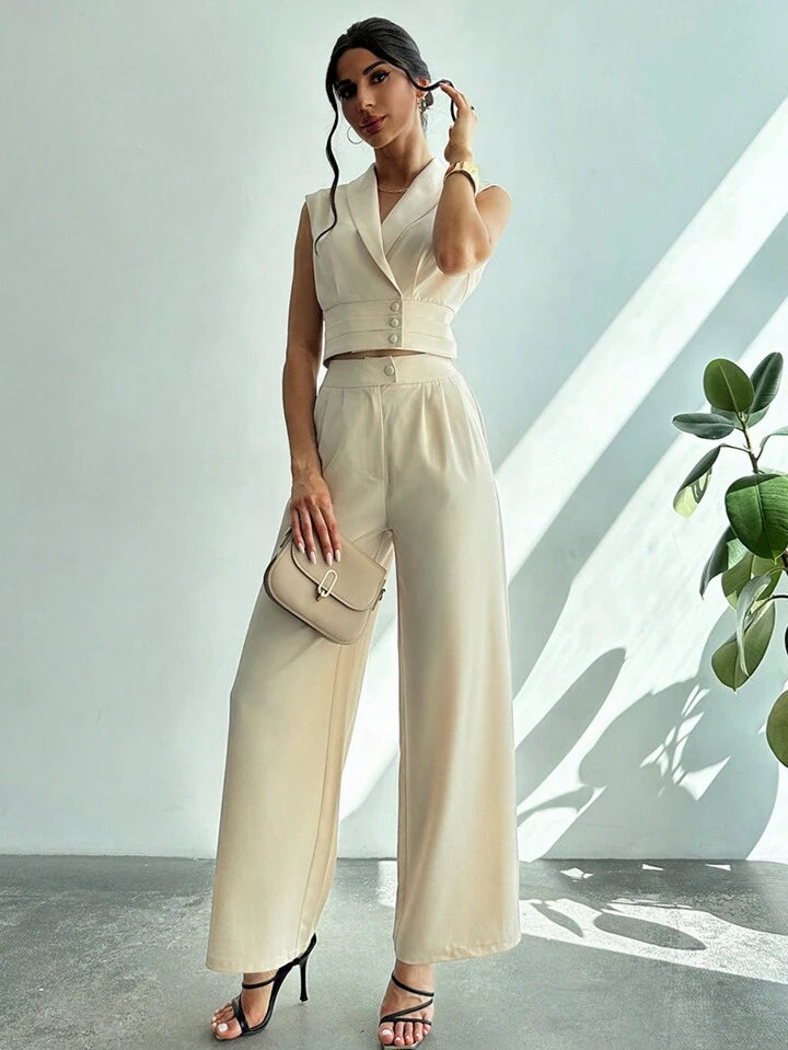 CM-SS196426 Women Elegant Seoul Style Collared Fitted Cap Sleeve Shirt With Straight-Leg Pants Suit - Apricot