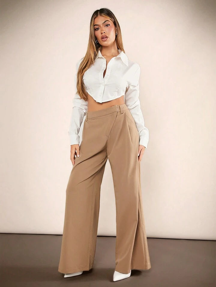 CM-BS199782 Women Elegant Seoul Style Solid Color Drop Waist Wide-Leg Long Pants - Khaki