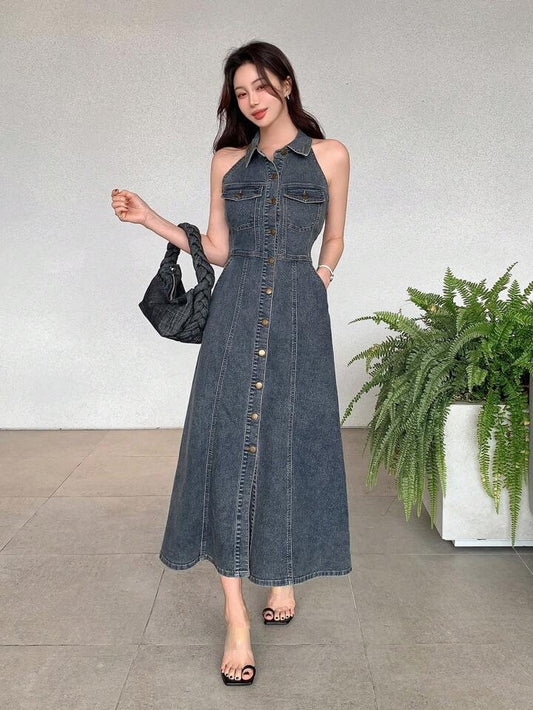 CM-DS142910 Women Casual Seoul Style Collar Neckline Sleeveless Single Breasted Denim Dress