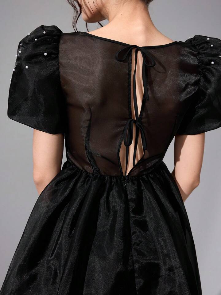 CM-DS577797 Women Elegant Seoul Style Square Neck Puff Sleeve High Waist Short Dress - Black