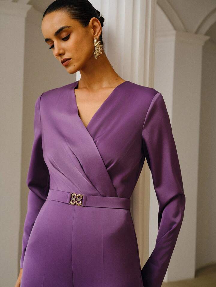 CM-JS525172 Women Elegant Seoul Style V-Neck Long Sleeve Satin Jumpsuit With Detachable Belt - Purple