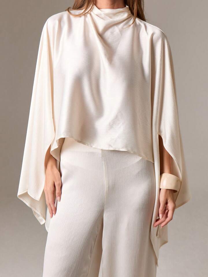 CM-TS999111 Women Elegant Seoul Style High Neck Draped Long Sleeve Flowing Chiffon Top Asymmetrical Hem Blouse