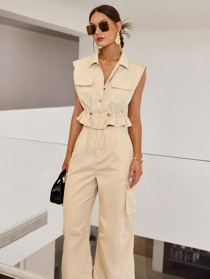 CM-SS109190 Women Casual Seoul Style Button Sleeveless Top With Drawstring Waist Work Pants - Khaki